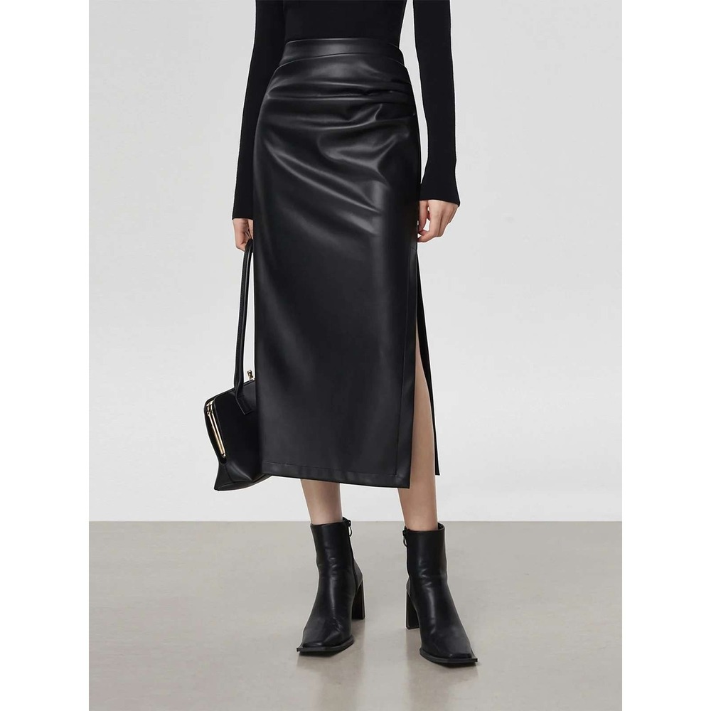 COMMENSE Faux Leather Ruched Slit Midi Skirt Black High Waist US 8-10 L NWT